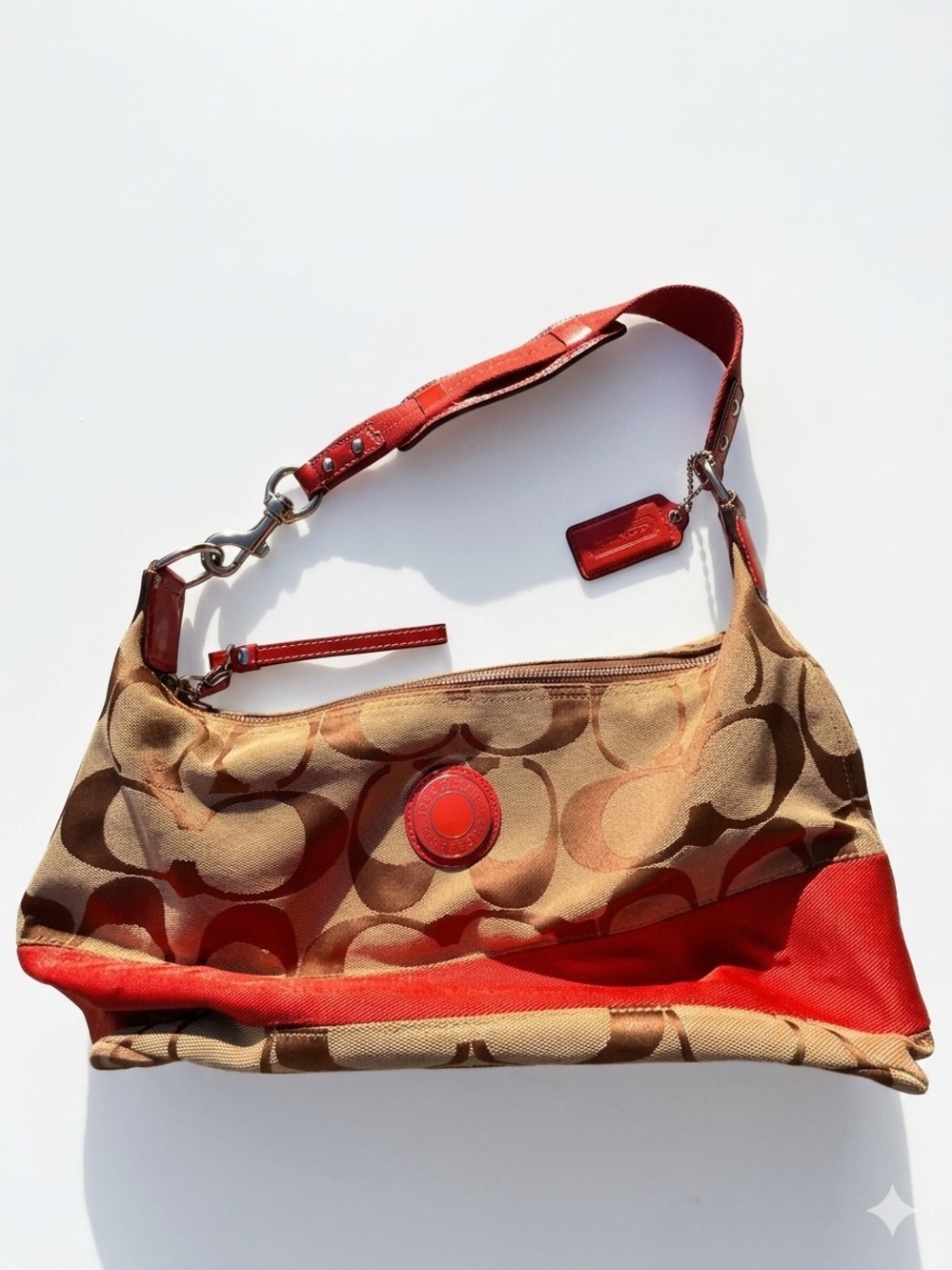 Coach Brown Signature Canvas shoulder bag with Red Trim